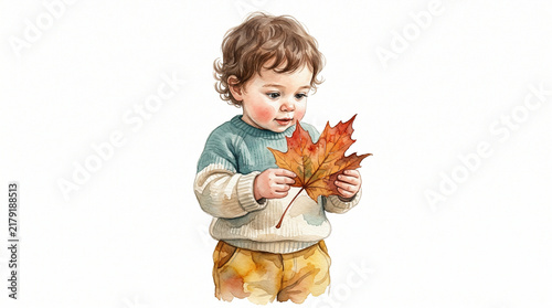 Toddler boy holding a large autumn leaf in casual clothing  