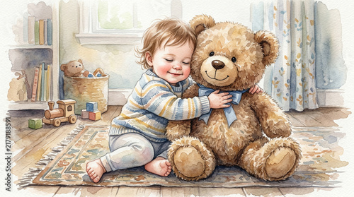 Baby boy hugging teddy bear on a colorful rug in a cozy room  