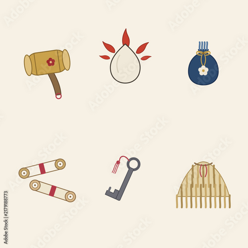 Takarazukushi treasure motif set, Japanese auspicious lucky objects vector collection