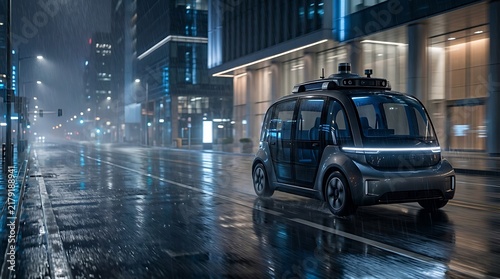 Modern autonomous self driving electric shuttle car driving on a rainy city street at night with glowing lights and reflections
