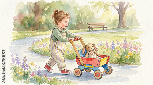 Young child pushing a toy cart with a stuffed bunny in a park  