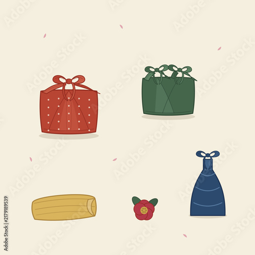 Furoshiki wrapped gift set, Japanese cloth wrapping styles vector collection