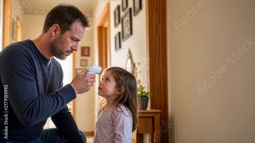 Father checking his daughter's temperature with an infrared thermometer at home during cold and flu season, family care and health monitoring concept