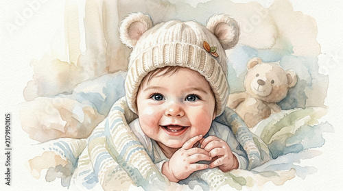 Cute baby smiling and wearing a bear hat in a cozy nursery  
