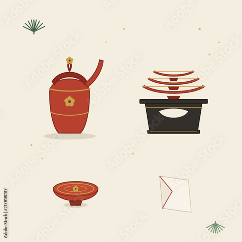 Otoso New Year sake ceremony set, Japanese lacquer sake vessels vector collection