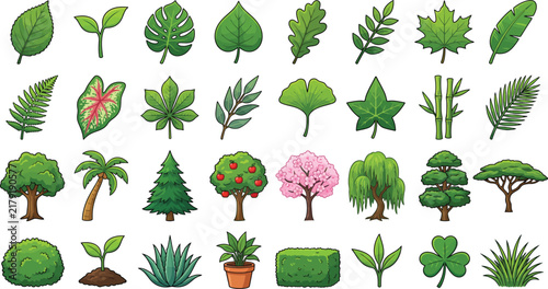 Green Tree Leaf Plant Bush Botanical Nature Vector Icon Set Collection