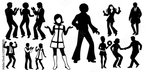 Canvas Print 1960s and 1970s mod disco dancing people black silhouette set with couples, solo