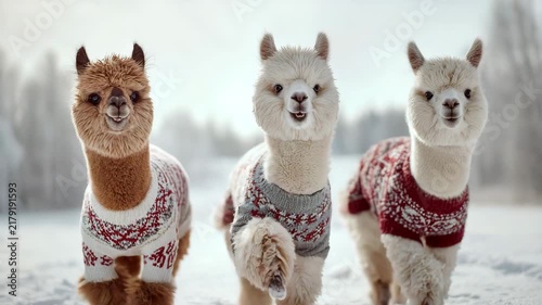 Three alpacas dancing in snowy highland wearing festive sweaters partially visible soft winter daylight detailed fur texture