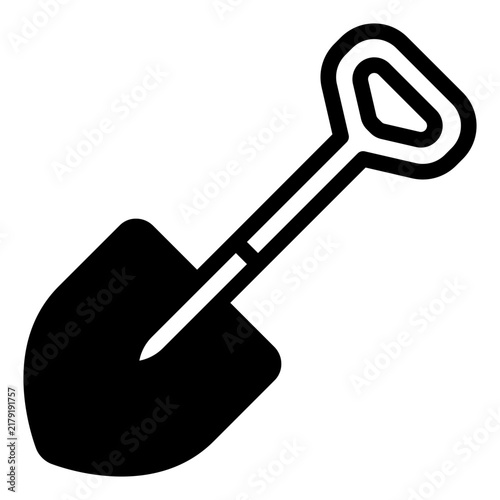 A flat design illustration of a shovel with a yellow blade and red handle, suitable for gardening and construction themes.
