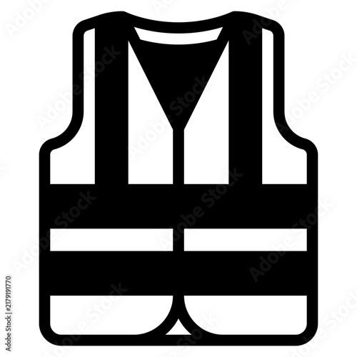 A flat design illustration of a safety vest featuring bright yellow fabric with red reflective stripes. Ideal for safety and construction themes.