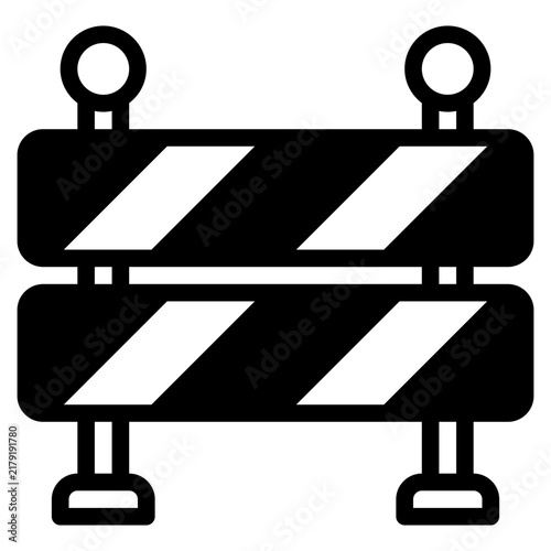 A flat design illustration of a construction barrier featuring bold colors and simple shapes. Ideal for construction, safety, or urban planning themes.