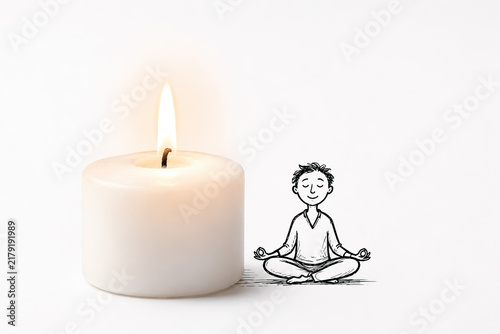 A serene close-up captures a white pillar candle with a flickering, golden flame resting on a smooth white surface. Nearby, a boy meditating is depicted using simple lines—black ink on a white backgro