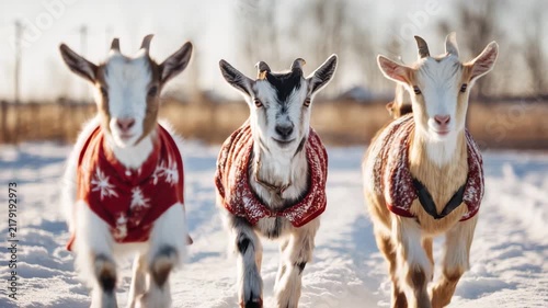 Three goats dancing joyfully in snowy pasture wearing partial Christmas wraps bright winter sun balanced exposure sharp detail