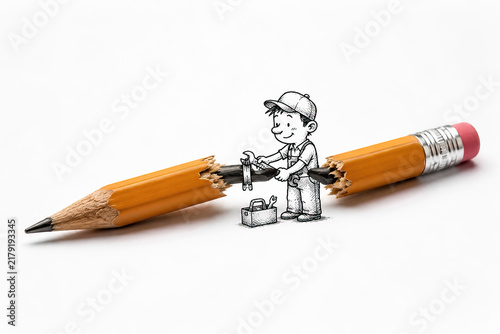 A whimsical digital artwork portrays a young boy repairing a broken graphite pencil. The boy is drawn with simple lines and minimal detailing, using black ink on a white background.