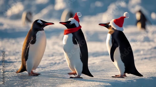 Three penguins dancing in coordinated pose on snowy ice shelf wearing partial Christmas accessories bright polar lighting