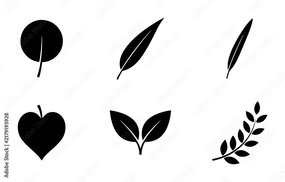 Fototapeta premium Black Silhouette Leaf Icons Set, Simple Botanical Vector Graphics, Organic Nature Elements Collection, Minimalist Plant Shapes for Design