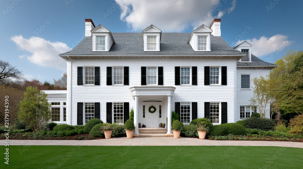 Obraz premium Elegant two story white house with black shutters, manicured lawn, potted plants, blue sky, classic architecture, residential home