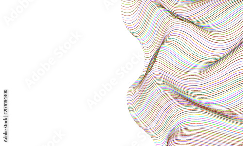 Fotografía Parallel multicolored wavy lines forming an abstract flowing pattern on the right side, contrasted with white space on the left