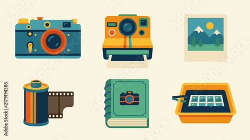 Flat vector set of vintage photography equipment and analog film camera icons