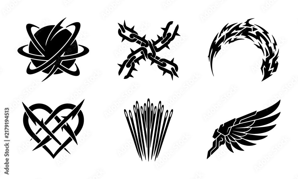 Obraz premium Tribal Tattoo Designs, Black Ink Symbols, Vector Icons Set: Heart, Wing, Globe, Chains, Abstract Shapes for Graphic Art and Branding