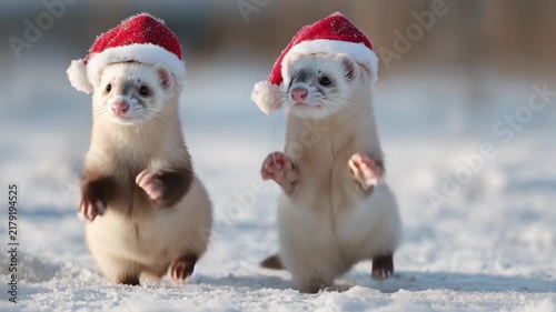 Two ferrets dancing upright in snow wearing Christmas hats partial clothing bright winter light crisp detail