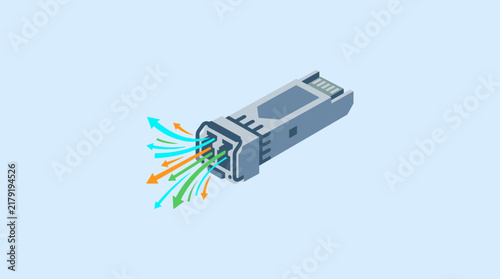 Isometric fiber optic SFP transceiver module emitting colorful data flow arrows on blue background