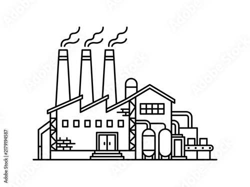 Industrial factory building with smoking chimneys in minimalist line art style