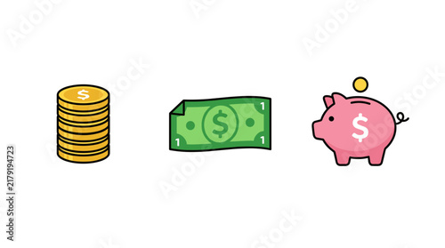 Set of flat financial icons featuring gold coins banknote and piggy bank for savings and investment