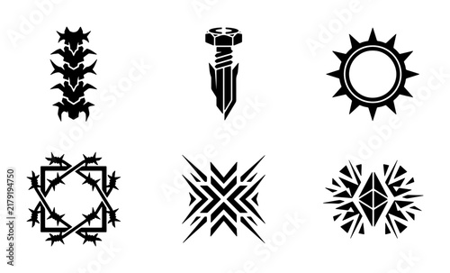 Industrial Icons Set: Bolt, Barbed Wire, Abstract Geometric Shapes, Spine, Sunburst, Tribal Elements, Vector Graphics Collection