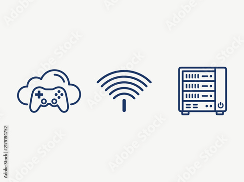 Cloud gaming icons representing wireless connectivity and data server technology infrastructure on plain background