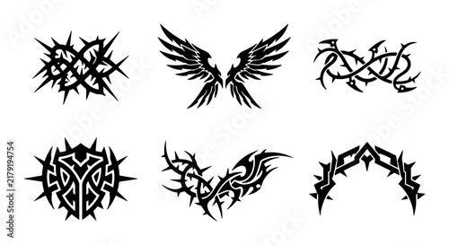 Tribal Tattoo Elements Set, Black Gothic Ornaments, Thorn Vines & Angel Wings Vector Graphics for Edgy Designs