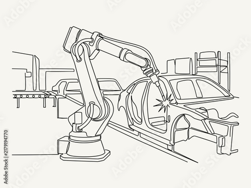 Minimalist continuous line drawing of industrial robotic arm welding car body in factory assembly plant