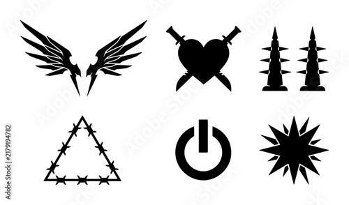 Set of 6 Black Graphic Icons: Angel Wings, Crossed Swords Heart, Power Button, Barbed Wire Triangle, Spikes, Explosion Burst