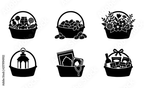 Eid Gift Basket Icons, Ramadan Kareem Celebration Hamper Set, Islamic Holiday Treats and Lantern Vector Collection