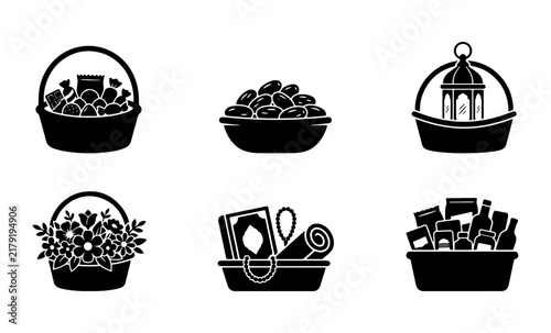 Islamic Gift Baskets, Ramadan Kareem Celebration Icons, Eid Al-Fitr Offering Sets, Vector Graphics for Religious Holidays