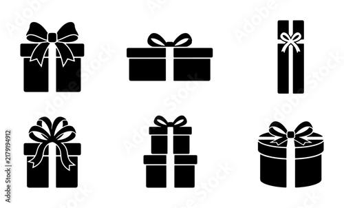 Black Gift Boxes with Ribbons, Vector Icons Set: Celebration Presents, Surprise Packages, Holiday Surprises, Festive Occasions, Vector Art Collection