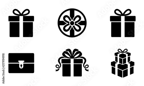 Black Gift Box Icons, Present Symbols, Celebration Packaging, Festive Surprise Graphics, Vector Set