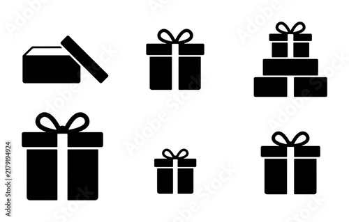 Black Gift Box Icons Set, Festive Present Symbols, Celebration Packaging Vector Graphics, Holiday Surprise Elements
