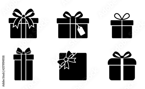 Six Black Gift Box Icons, Present Packaging Symbols, Celebration Surprise Vector Graphics, Holiday Shopping Elements, Festive Occasion Design Assets