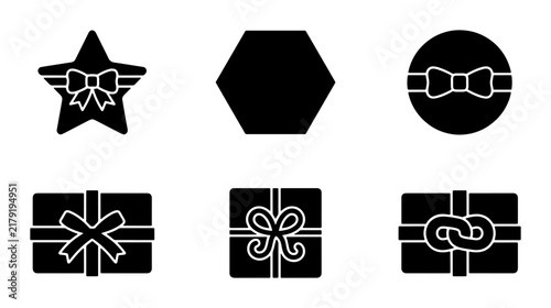 Gift Box Icons Set, Present Shapes Collection, Star, Circle, Hexagon, Ribbon Bows, Vector Graphics for Celebration and Surprise