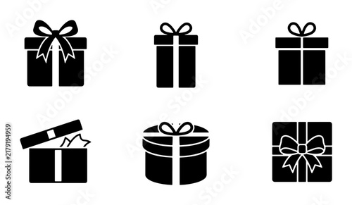 Gift Box Icons Set, Present Packaging Vector Graphics, Celebration Surprise Symbols, Holiday Packaging Elements, Birthday Present Shapes