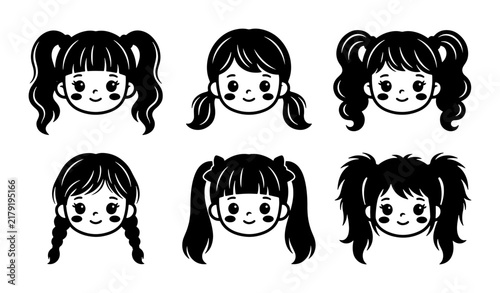 Cute Kawaii Girl Faces Vector Set, Diverse Hairstyles Collection, Black and White Manga Style Icons, Adorable Character Elements for Design