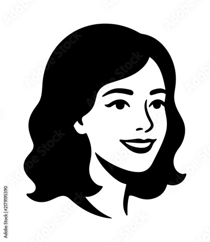 Stylized Vector Portrait of a Smiling Woman, Black and White Headshot, Minimalist Female Face Icon, Modern Profile Illustration for Branding and Design