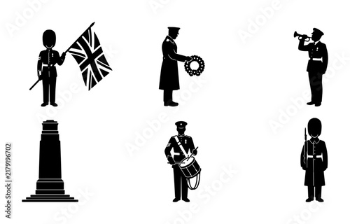 Obraz na płótnie British Military Icons, Royal Guard Silhouettes, Ceremonial Figures, Union Jack