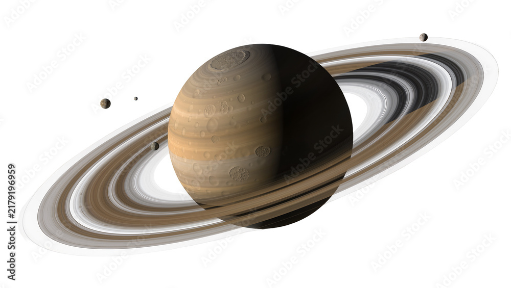 Fototapeta premium Saturn planet with multiple moons and prominent rings, isolated on transparent background