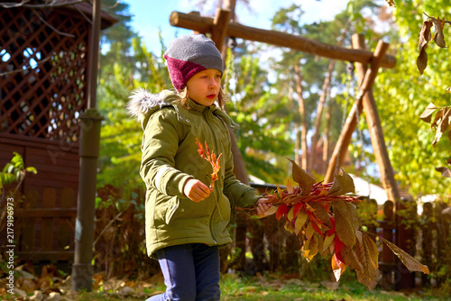 Cute child carries a bouquet of autumn leaves to his mother