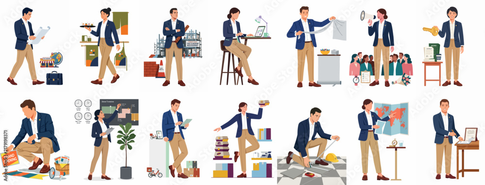 Fototapeta premium Collection of professional men and women characters engaged in various business, creative, and service-oriented workplace activities in flat vector style.