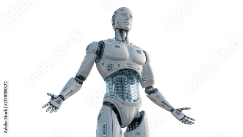 Humanoid robot with exposed internal mechanics, isolated on transparent background