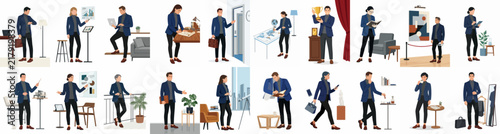 Collection of flat vector illustrations featuring a young professional man in various daily life scenes, business activities, and leisure moments at home and office.