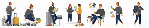 Set of flat vector illustrations depicting a young man in various travel, work, and daily life situations, including luggage, planning, and communication.